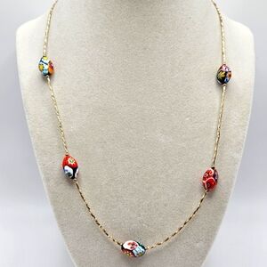 VINTAGE Italian Venetian Murano Millefiori Glass Bead Gold Filled Necklace
